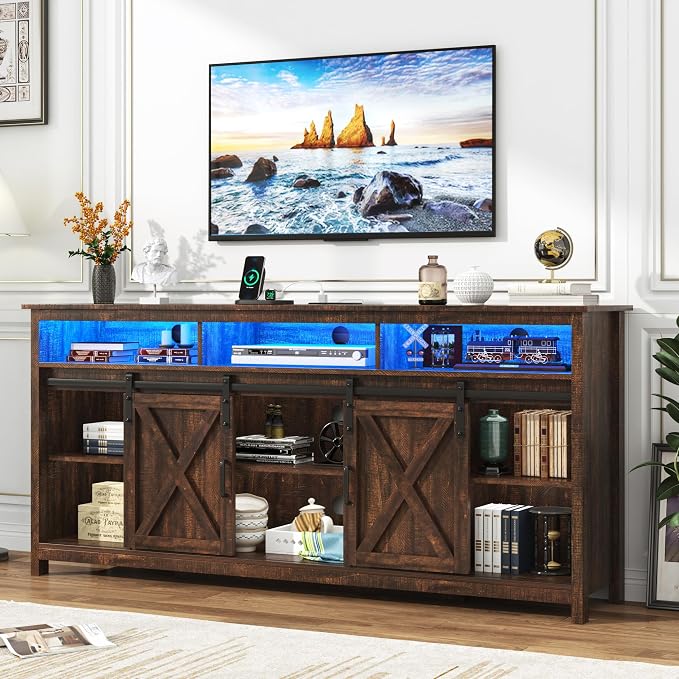 LED Farmhouse TV Stand for 80/75 inch TVs, Rustic Entertainment Center Cabinet - Image 2