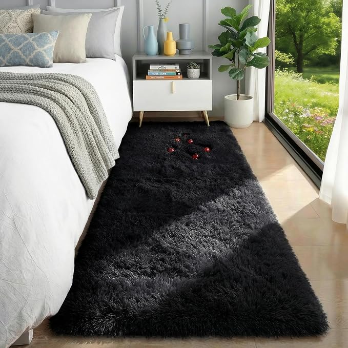 Black Runner Rugs for Bedroom, Living Room 2x6 Small Plush Fluffy Boys Rug | - Image 2