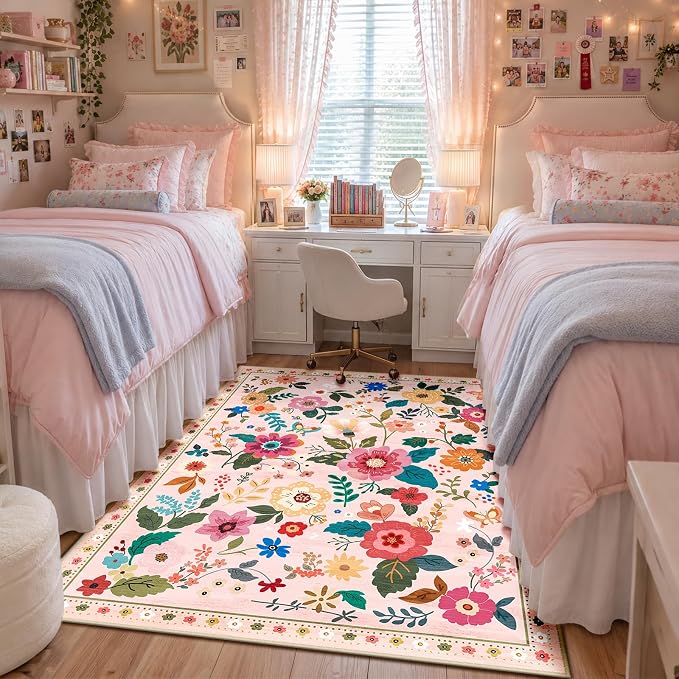 RELEANY Floral Washable 5x7 Area Rugs Pink | Flower Carpet Print Boho Cute Non - Image 3