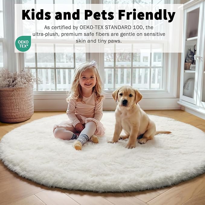 Cream White Round Rugs 7ft for Living Room, Ivory Fluffy Bedroom Circle Area Rug - Image 4