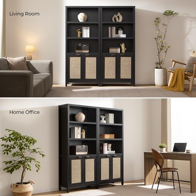SICOTAS Bookcase 71" Tall Bookshelf 5 Tier Rattan Boho Bookcase - Image 4