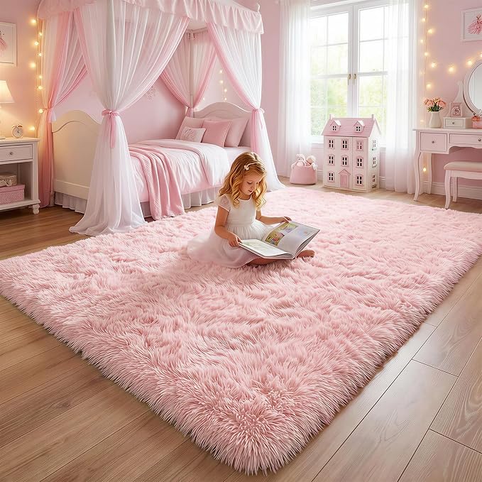 Amdrebio Pink Fuzzy Furry Kids Rug 5x8 - Image 6