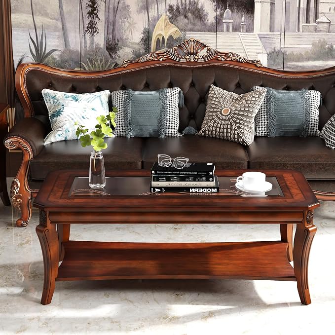 Coffee Table with Tempered Glass Top and Storage Shelf, Farmhouse Living Room - Image 3