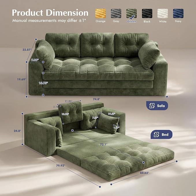Homkdom 3 Seater Convertible Folding Sofa Bed, Pull Out Sleeper Sofa - Image 3