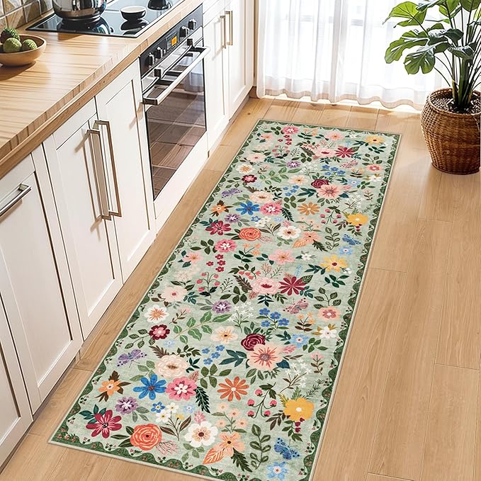 PLHXFR 2x6 Washable Runner Rug：Floral Indoor Kitchen Soft Carpet Green | - Image 6