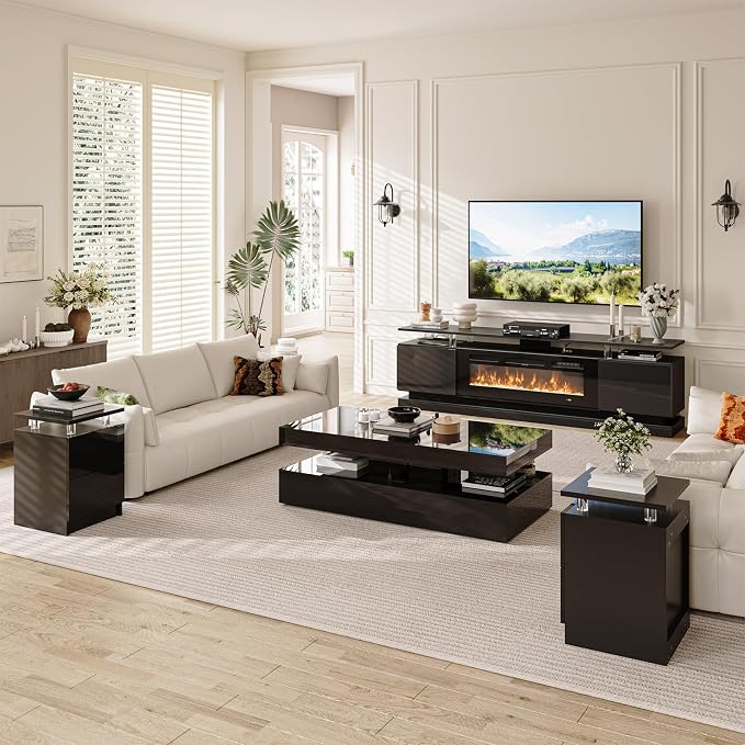 4-Piece Modern Living Room Table Set, Includes High Gloss 70" Fireplace TV Stand - Image 5