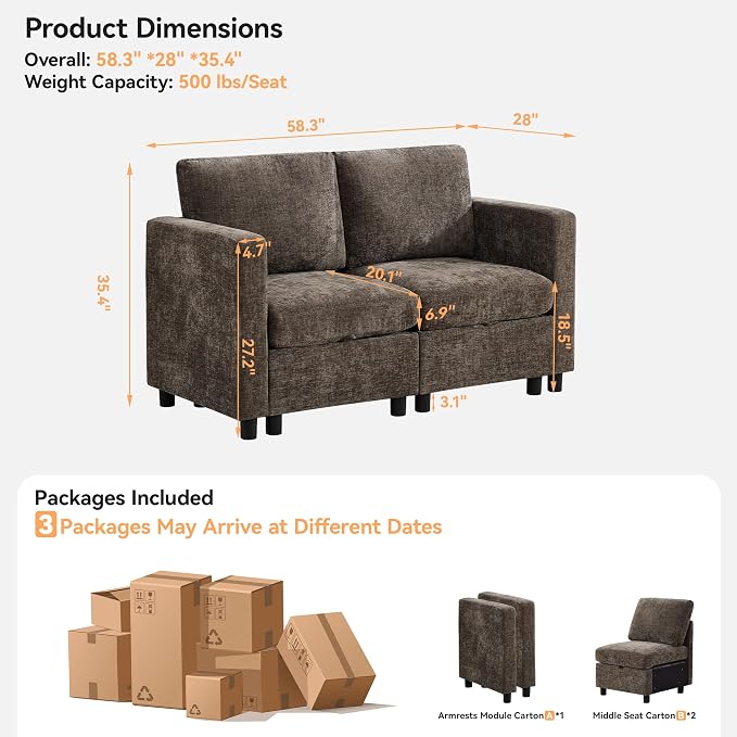 WUTUTUEE 58'' Modular Sectional Loveseat Sofa, Modern Love Seat 2 Seater Sofa - Image 2