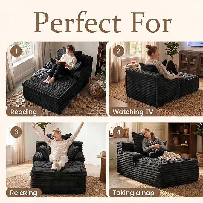 Boneless Chaise Lounge Couch Indoor, Small Corduroy Upholstered Sleeper Sofa - Image 6