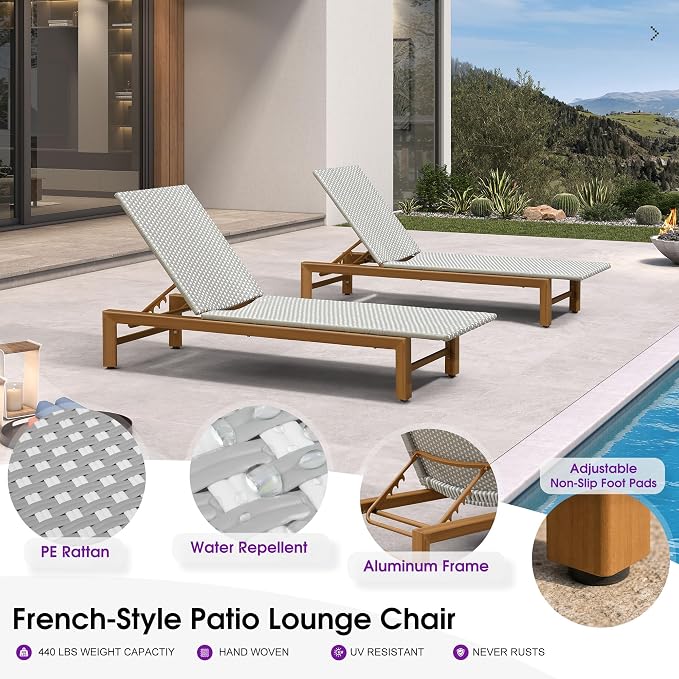 PURPLE LEAF Patio Chaise Lounge French Outdoor Lounger 1 Piece Matte Teak Grain - Image 8