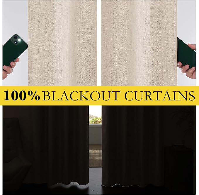 NICETOWN Beige Full Blackout Back Tab Linen Curtains 84" Long 2 Panels Set - Image 4