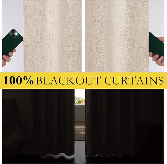 NICETOWN 100% Blackout Beige Linen Curtains 90" Length - Image 3