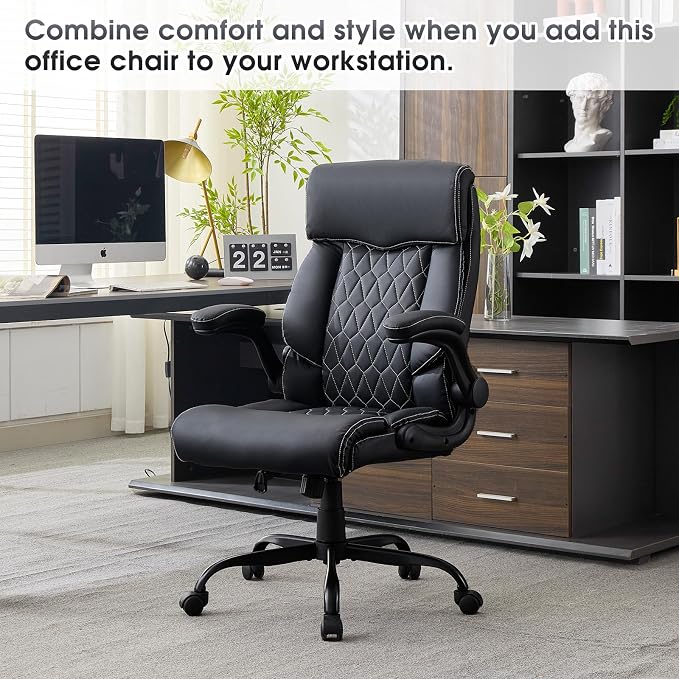 High Back Office Chair with Flip-up Armrests, Leather Comfy Desk Chair with - Image 3