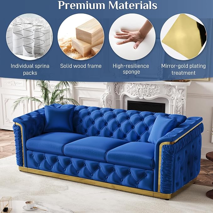 84.6" Luxury Chesterfield Sofa Velvet Tufted Sofa Black and Gold Couch - Image 6