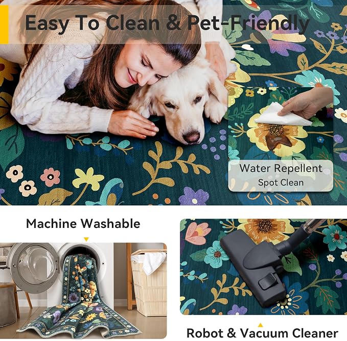 RELEANY Floral Washable 8x10 Area Rugs Teal/Purple | Flower Carpet Print Boho - Image 4