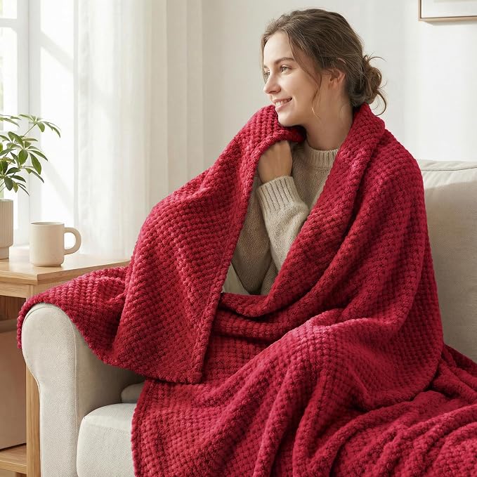 Exclusivo Mezcla Soft Waffle Fleece Bed Blanket Twin XL Size, Deep Red | - Image 2