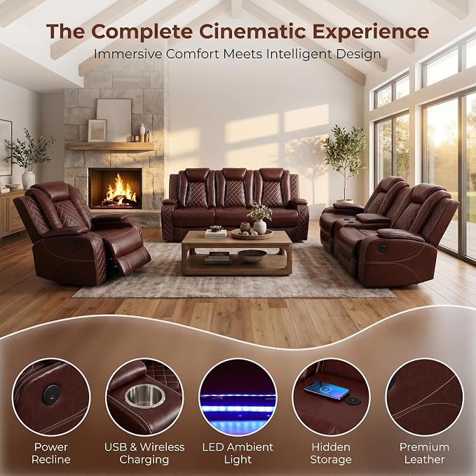 3-Piece Leather Power Recliner Sofa Set - Image 3