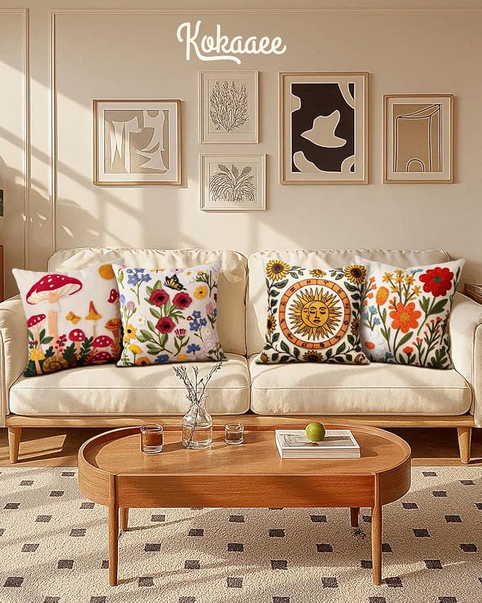 Embroidered Throw Pillow Covers 18x18 Inch, Flower Cluster | Decorative Pillow - Image 6