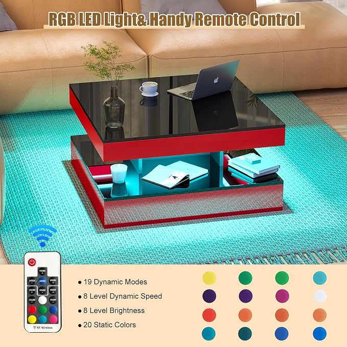 HedoAjim Red LED Coffee Table for Living Room, Living Room Table 2-Tier Square - Image 4