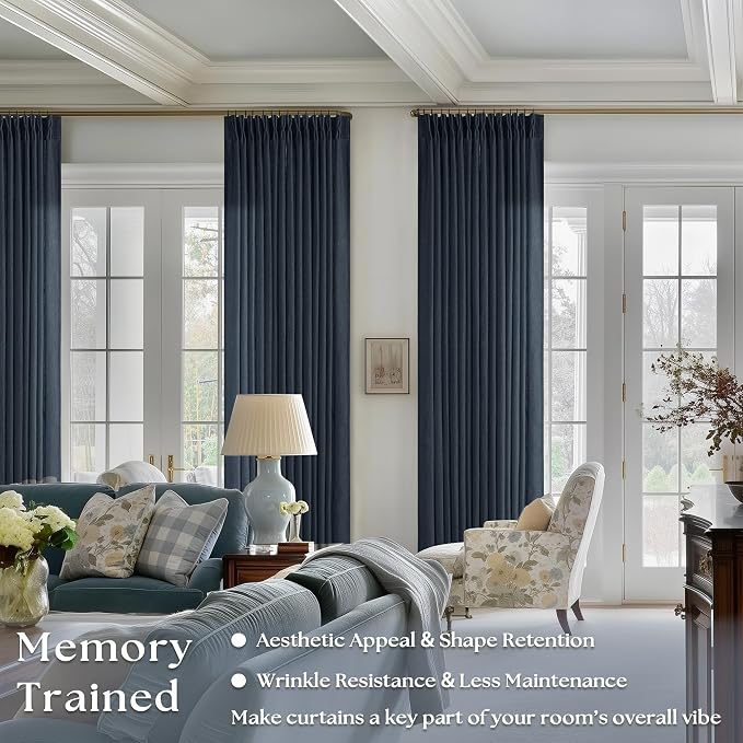 Navy Blue 80 Inch Pinch Pleated Linen Curtains 2 Panels Set | Light Filtering - Image 2