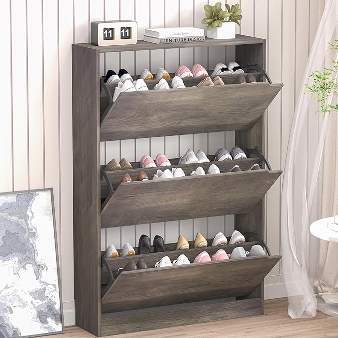 BORNOON Shoe Cabinet with 3 Flip Drawers, Hidden Wood Shoe Cabinet, by BORNOON