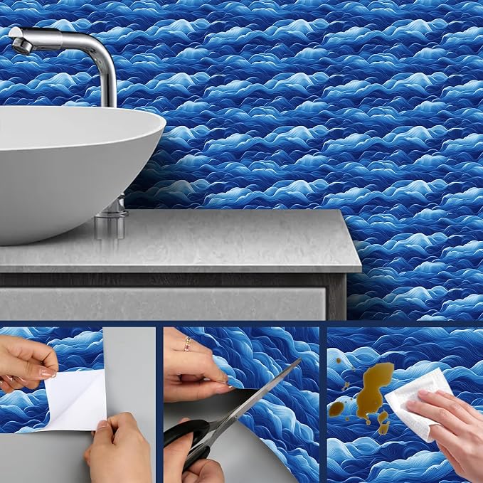 HOMETITUTE Wave Pattern Wallpaper Peel and Stick Ocean Blue Contact Paper Wall - Image 7