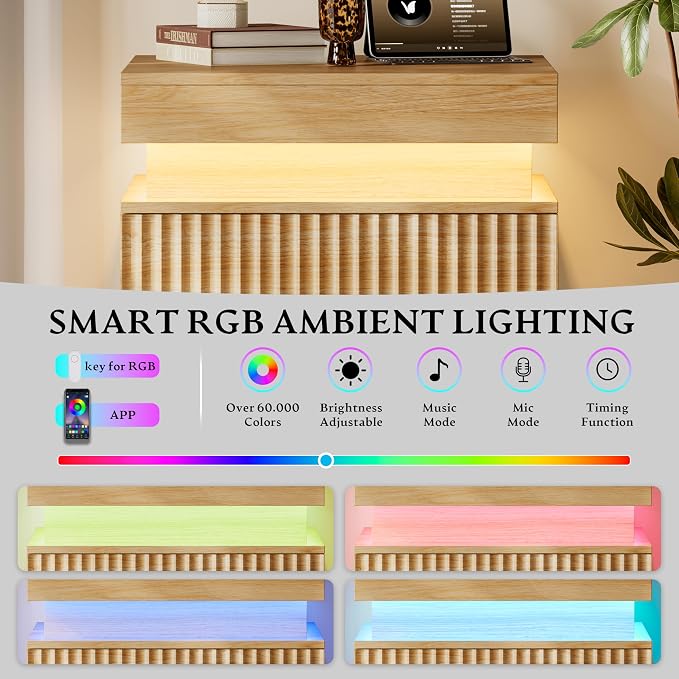 Xixini Nightstand with Charging Station and LED Lights, Fluted Night Stand with - Image 4