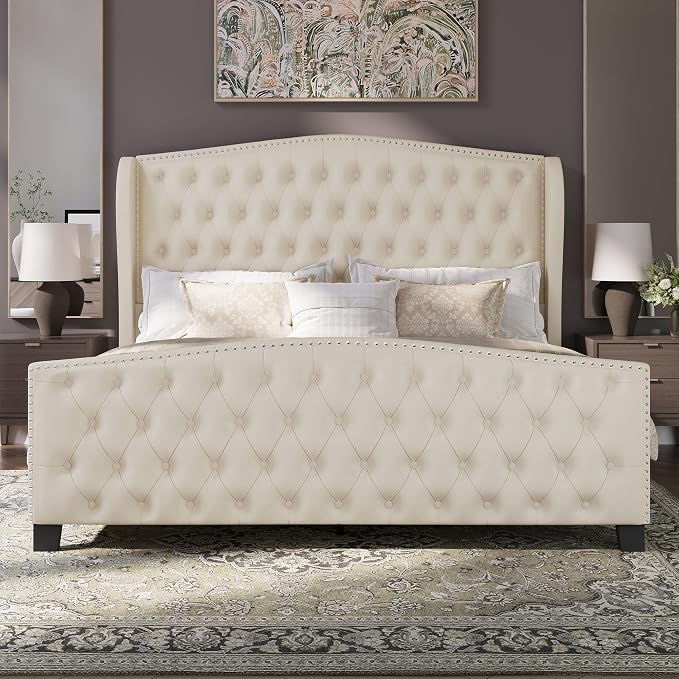 BRELTAM Upholstered King Size Bed Frame Velvet Beige Tufted Platform Bed Frame - Image 9
