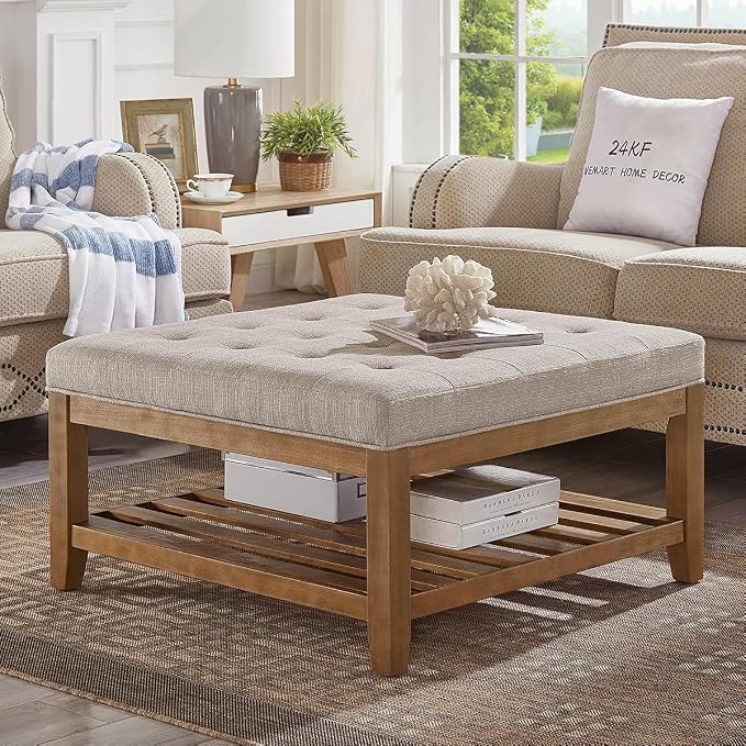 24KF Large Square Upholstered Tufted Linen Ottoman Coffee Table, Large Footrest by WEMARTHOMEDECOR