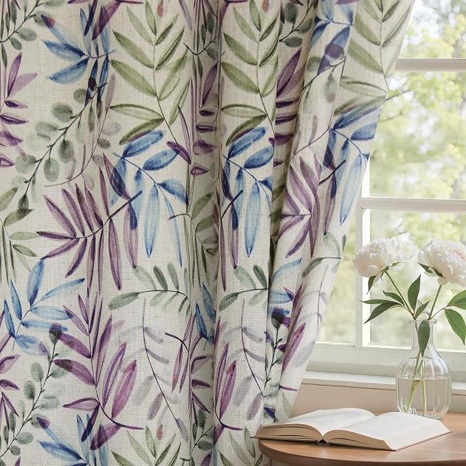 Yakamok 84 Inches Blue and Purple Leaves Linen Curtains - Image 7