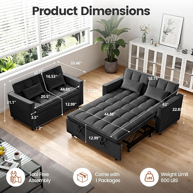 3 in 1 Convertible Sofa Bed, Love Seat Sleeper Bed - Image 4