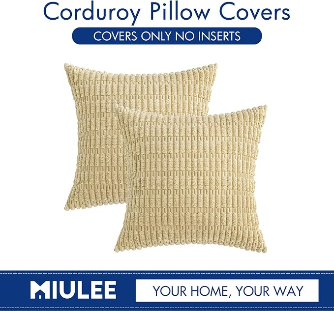 MIULEE Corduroy Decorative Throw Pillow Covers 16x16 Beige Pack of 2 | Soft - Image 6