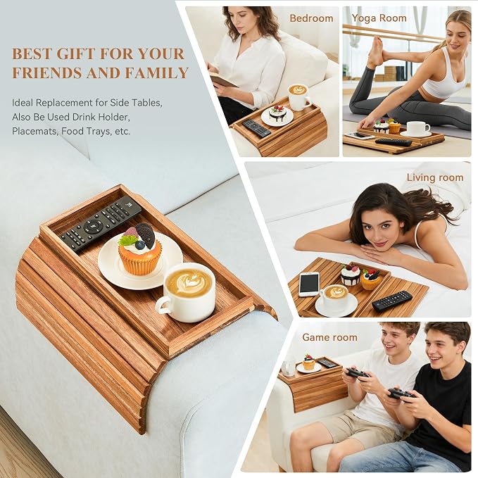 GEHE Acacia Wood Sofa Arm Tray, Foldable Couch Arm Tray Side Table, - Image 4