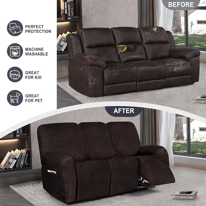 ANARACHON Leather Look Recliner Couch Cover, 8-Pieces Stretch Recliner Sofa - Image 6