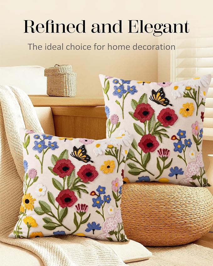 Embroidered Throw Pillow Covers 18x18 Inch, Retro Flower | Decorative Pillow - Image 5