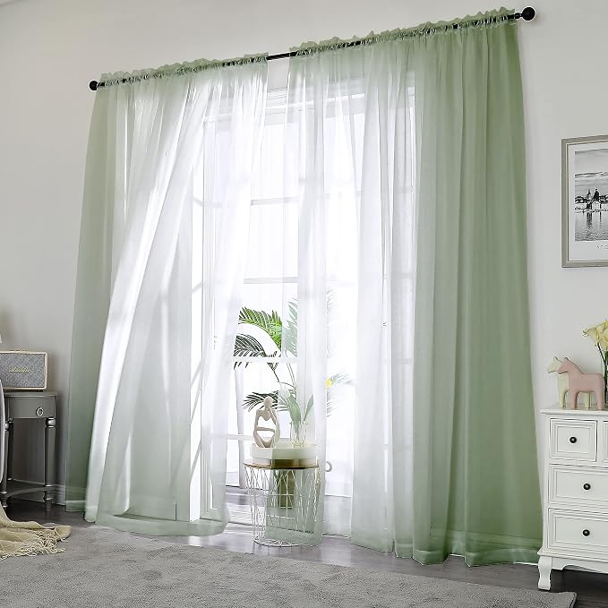 Chyhomenyc Sage Green Sheer Curtains 84 inches Long 2 Panels | Light Filtering - Image 2