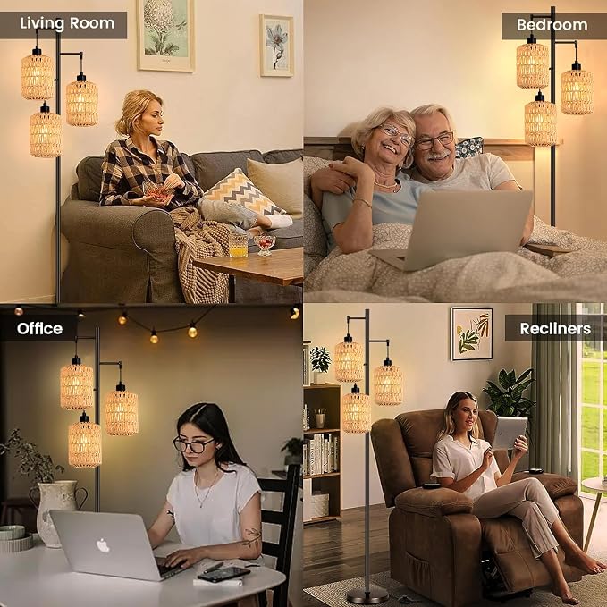 QIYIZM Floor Lamp for Living Room, 3-Lights Boho Rattan Tree Floor Lights - Image 7