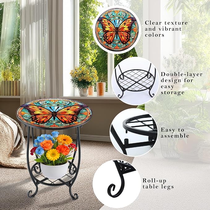 Cinnvoice Outdoor Side Table Round Small Mosaic Patio Accent Indoor End Plant - Image 4