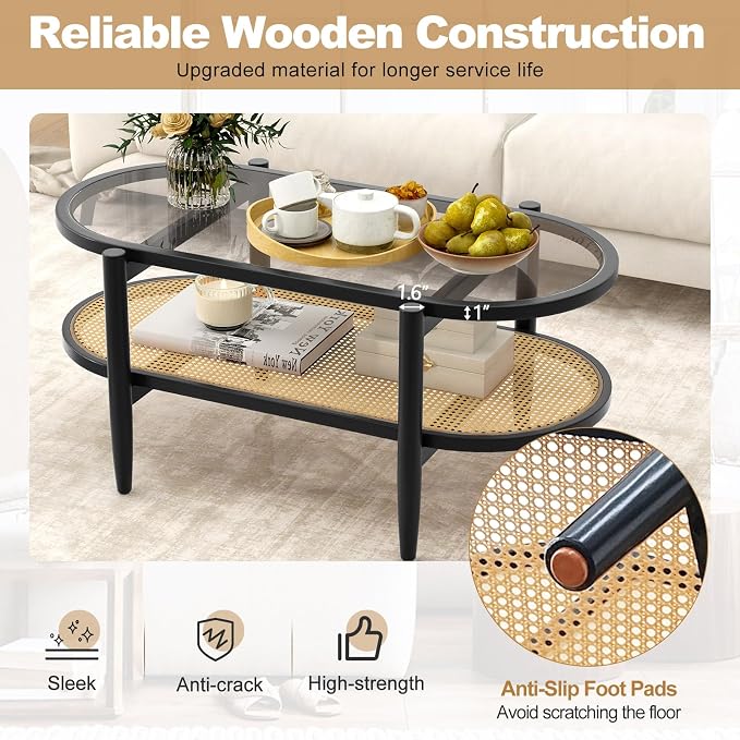 Giantex Rattan Coffee Table, 2-Tier Oval Wood Tea Table - Image 5