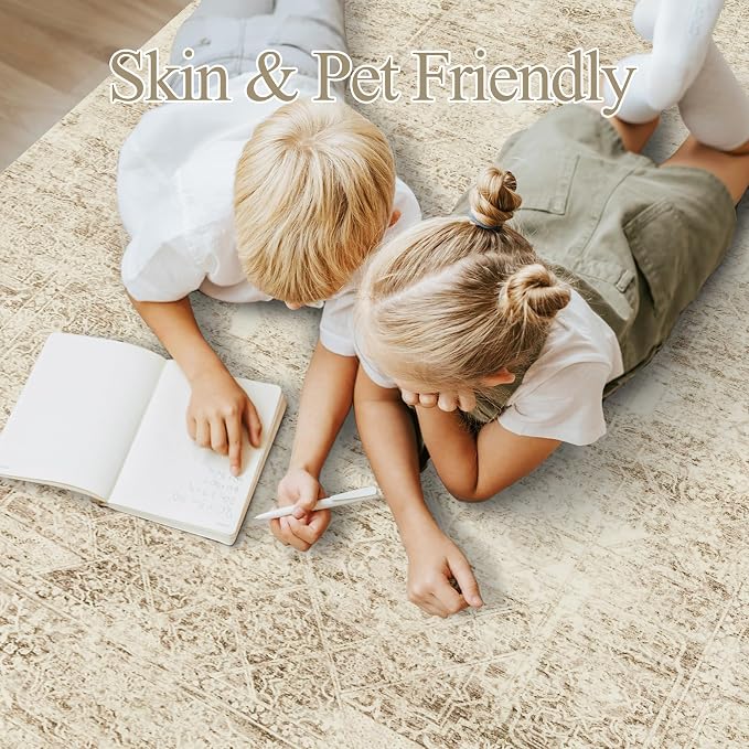Soalmost 5x7 Area Rugs Light Brown Washable Trendy Faded Style Floral Rugs | - Image 9