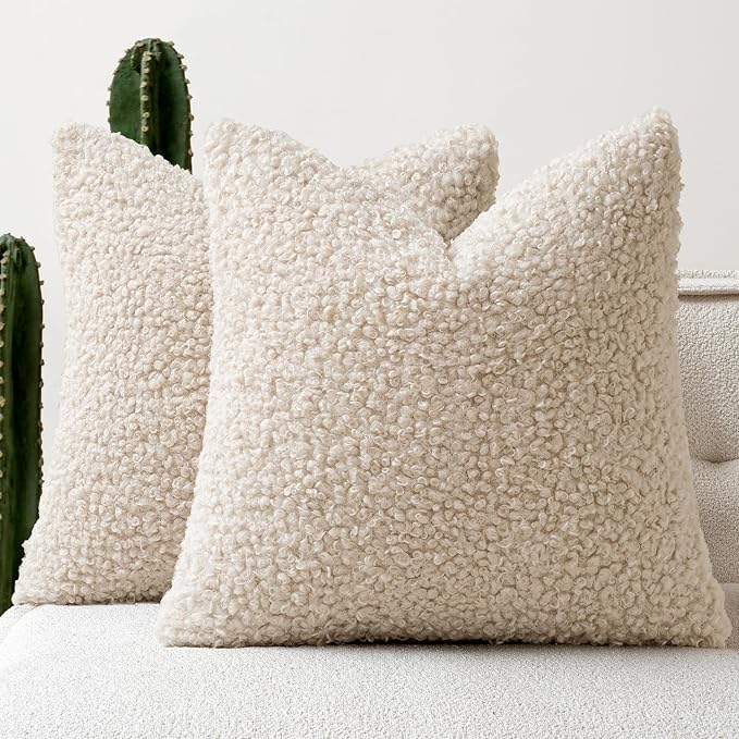 Faux Fur Throw Pillow Covers 24x24 Inch Set of 2 Euro Boucle Neutral Decorative by Woaboy