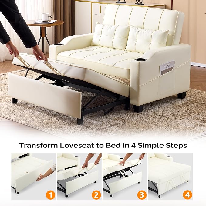VINGLI Beige Futon Sofa Bed Convertible Loveseat Sleeper Couch, Faux Leather - Image 6