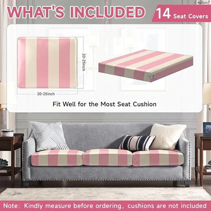 CALBODE 14 Pcs Stretch Outdoor Seat Cushion Covers, Washable Striped Chair Seat - Image 2