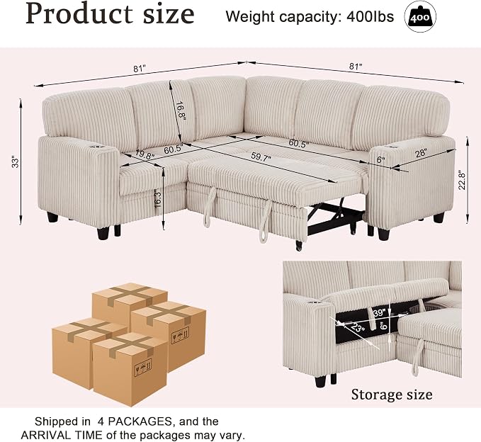 L-Shaped Sectional Couch with Storage and Pull Out Bed, Convertible Sofa Bed - Image 2