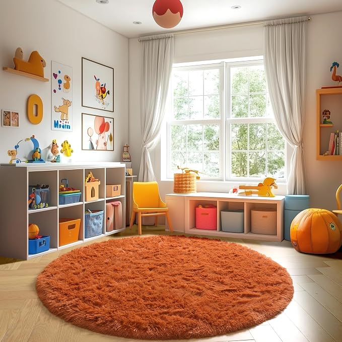 Amdrebio Burnt Orange Small Shag Round Circle Area Rug 3Ft - Image 5