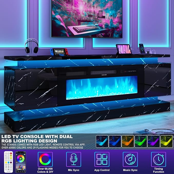 chartustriable 71IN LED TV Stands w/40 inch Fireplace Power Outlet - Image 5