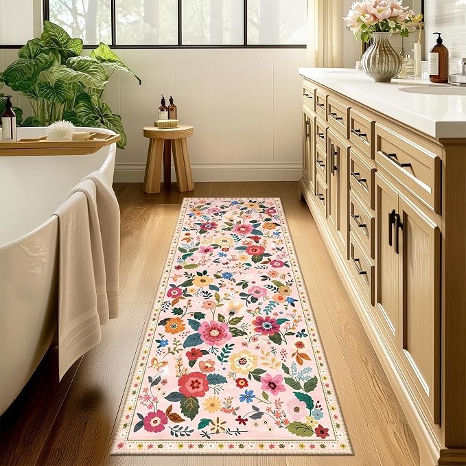 Floral Washable 2x6 Area Rugs Runner Entryway Hallway Pink | Flower Carpet - Image 8