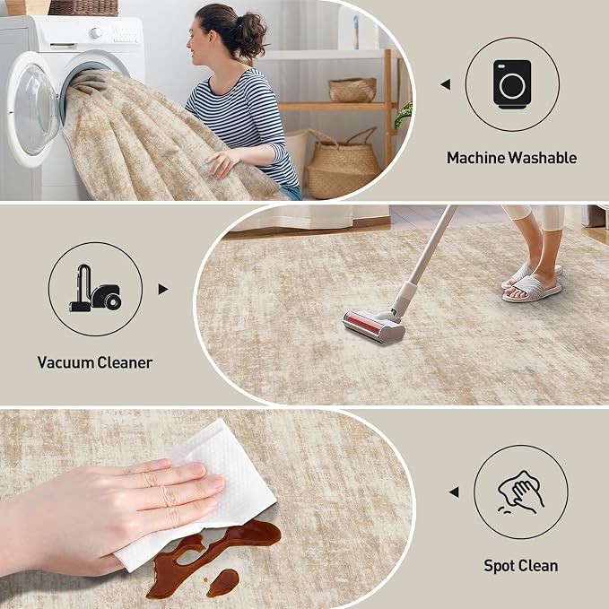 4x6 Area Rugs for Living Room: Washable Abstract Beige Badroom Carpet | - Image 4