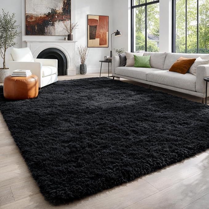 Black Fluffy Area Rugs for Bedroom 5x7, Soft Shaggy Washable Farmhouse Rugs | by PAGISOFE