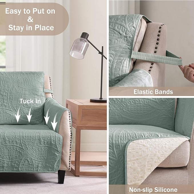 Sage Blue Quilted Sofa Cover, Anti-Slip Medallion Designed Couch Covers - Image 5