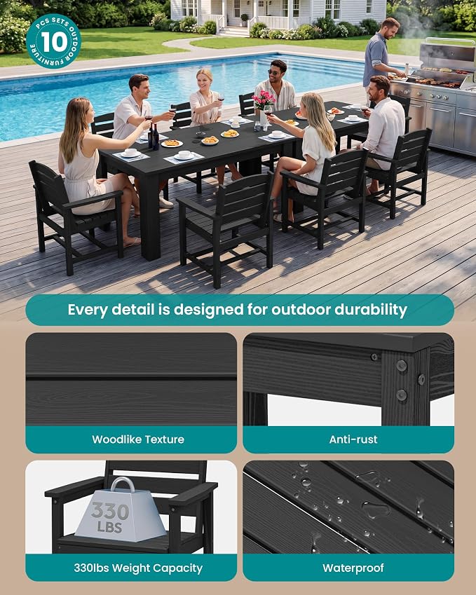 SERWALL HDPE Dining Set for 8: 2 Umbrella Hole Tables + 8 Chairs. Includes 8 - Image 4
